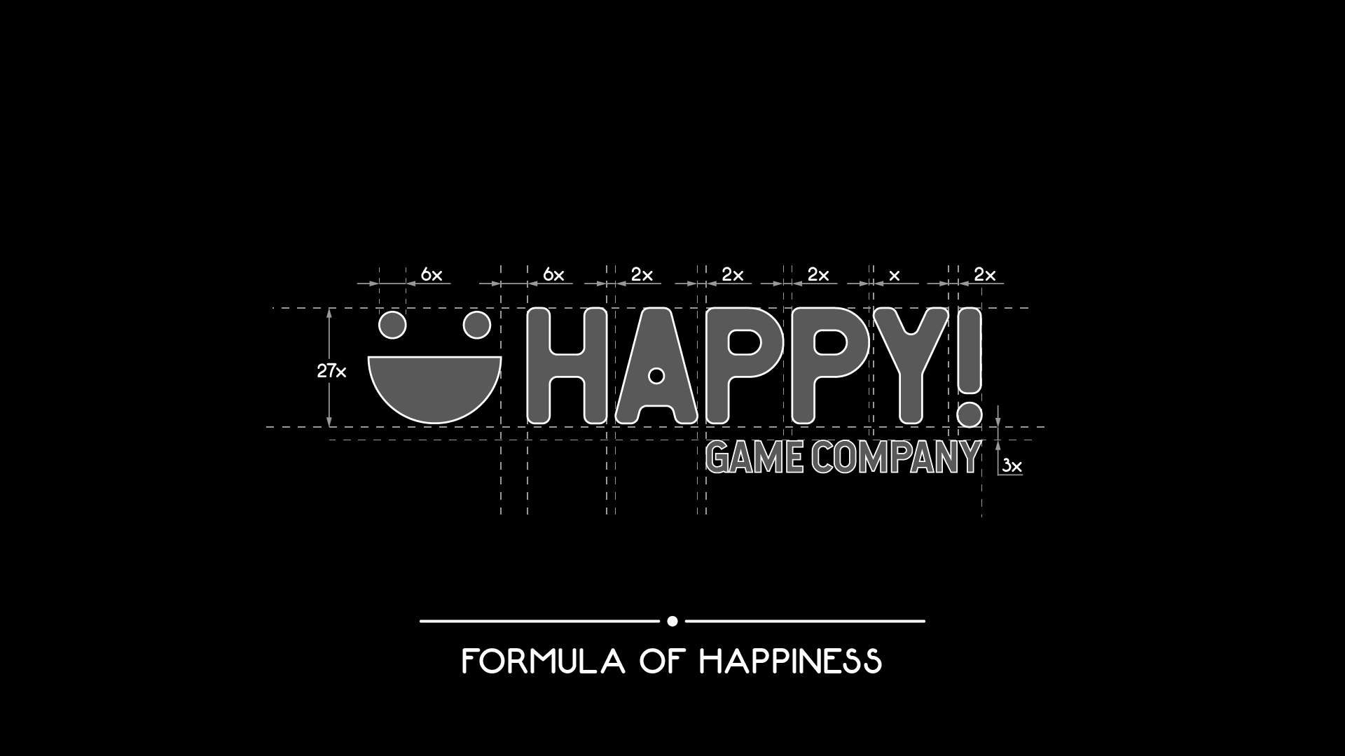 The Happy! Game Company logo drawn as a construction diagram, with the words Formula of Happiness